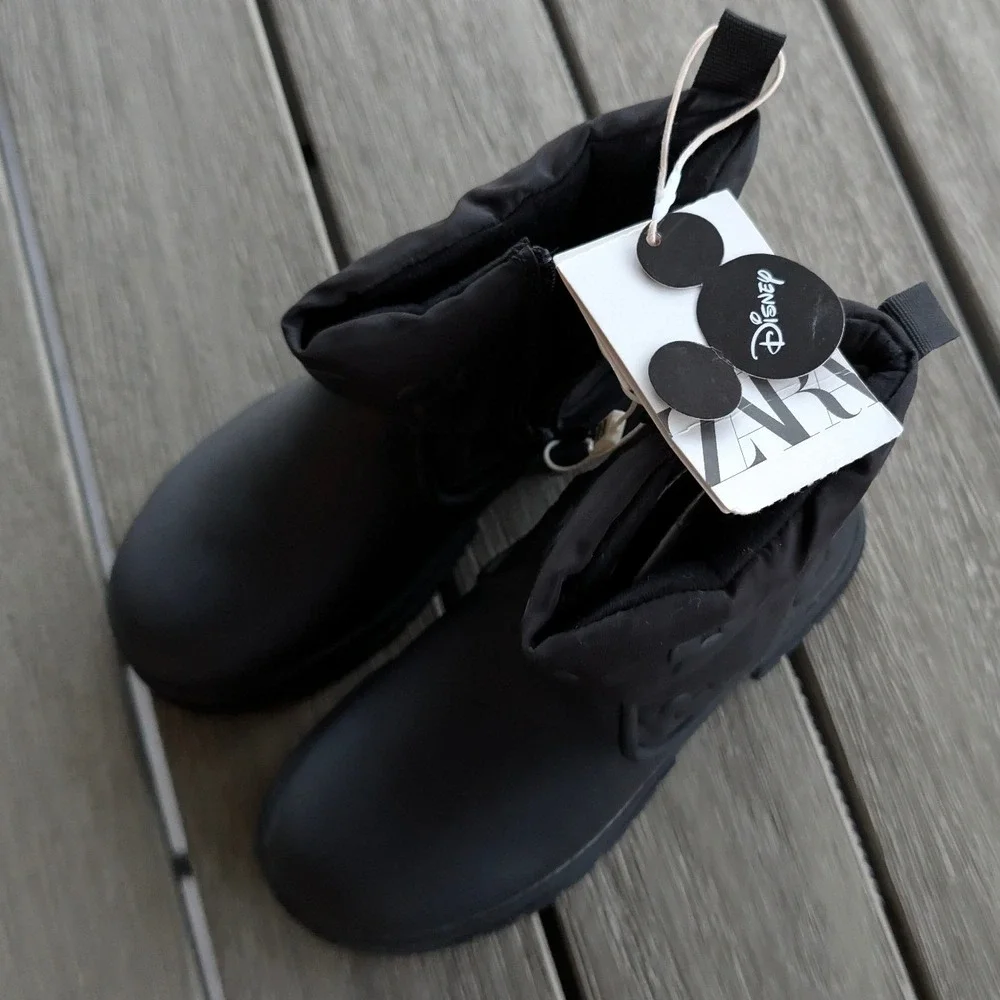 Zara Kids‎ Disney Mickey Mouse Black Quilted Ankle Boots Size 11 NWT